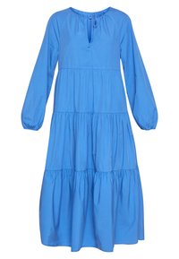 Robe bleue à manches longues à volants, taille marquée, encolure ronde, ouverture en forme de goutte avec lien et poignets élastiques aux manches.