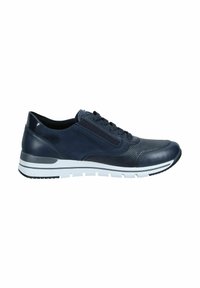 Sneaker in pelle blu scuro con punta texturizzata, accenti a contrasto, suola bianca e design con lacci. Adatti per un look casual.