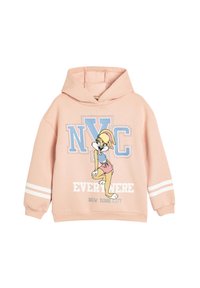 Sudadera de color melocotón con un gráfico frontal que presenta un personaje de dibujos animados, texto "NYC" y rayas blancas en las mangas. Diseño suave y casual.