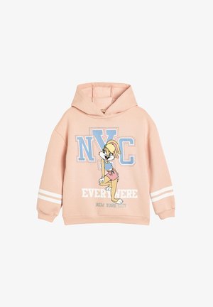 Sudadera de color melocotón con un gráfico frontal que presenta un personaje de dibujos animados, texto "NYC" y rayas blancas en las mangas. Diseño suave y casual.