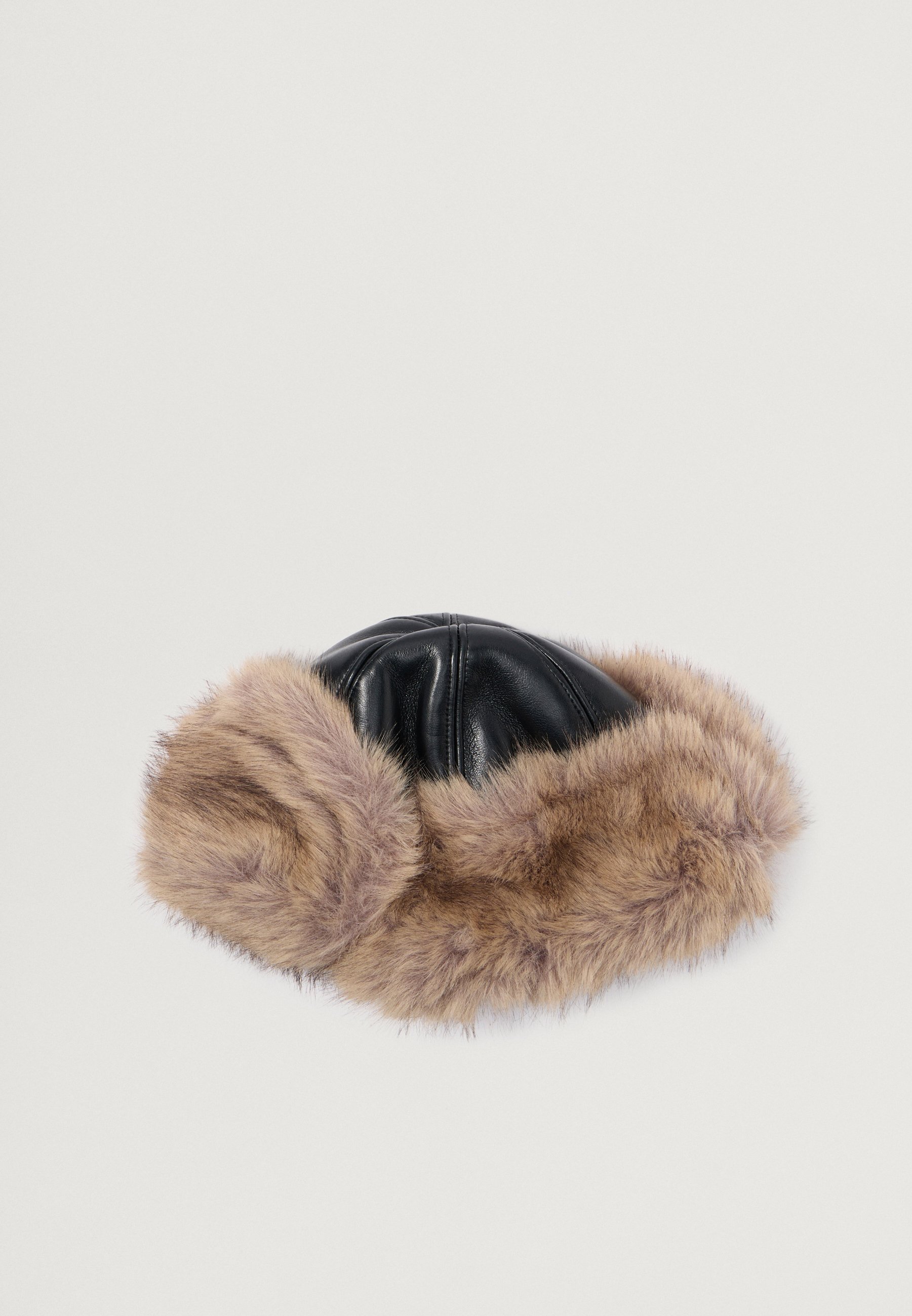 Black Leather Hat with Brown Fur Trim BLACK FAUX LEATHER & FUR TRIM RUSSIAN HAT WITH QUILTED  main image 3
