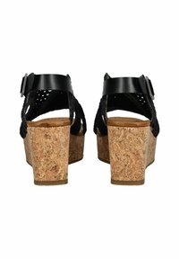 Schwarze Leder-Wedge-Sandalen mit Korkabsatz, ausgestattet mit geflochtenen Riemen und verstellbaren Schnallen am Knöchel für einen sicheren Sitz.