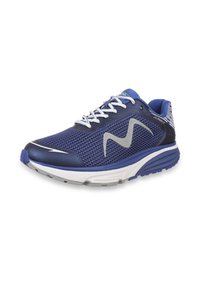 Chaussure de sport bleue et noire avec des lacets blancs, un logo en forme de vague gris sur la tige en mesh, une semelle rembourrée et le texte "Colorado X" sur le côté du talon.