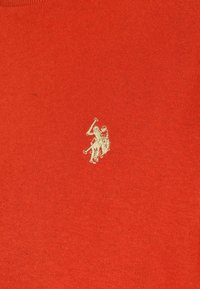 Rotes Baumwoll-Sweatshirt mit einem kleinen goldenen gestickten Logo, das einen Polo-Spieler mit einem Schläger zeigt. Weicher Stoff, runder Ausschnitt.