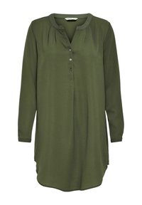 Chemise à manches longues vert olive en tissu léger. Dotée d'un col arrondi, d'une patte de boutonnage et de détails plissés. Ourlet courbé.