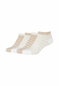 Sæt af tre ankelstrømper i beige og hvid. Har ensfarvede og stribede mønstre. Fremstillet af et blødt, strækbart stof.