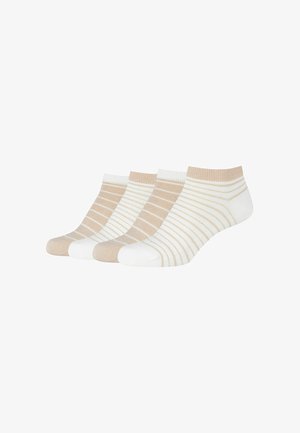 Set van drie enkel sokken in beige en wit. Bevat effen en gestreepte patronen. Gemaakt van een zachte, rekbare stof.