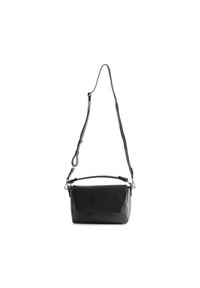 Borsa a tracolla in pelle nera con finitura testurizzata, caratterizzata da un cappuccio pieghevole, manico superiore e una tracolla regolabile. Forma rettangolare compatta.