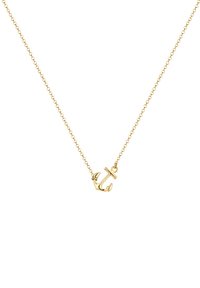 Goldener Ankeranhänger an zarter Kette, mit einem detaillierten Ankerdesign, das glatte Oberflächen und einen reflektierenden Finish aufweist.