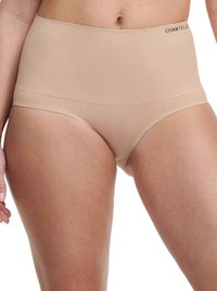 Beige high-waisted briefs featuring a smooth, stretchy fabric with textured line details and subtle branding at the waistband.
