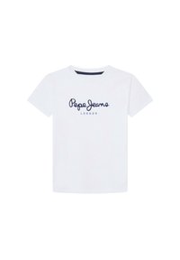 Bílá bavlněná tričko s krátkým rukávem, na přední straně s potiskem "Pepe Jeans" a "LONDON" v námořnicky modrém kurzivním písmu.