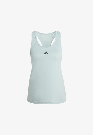 Débardeur de sport bleu clair en tissu lisse. Présente un design dos nageur et un logo Adidas noir à l'avant.