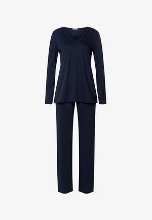 Marineblauwe longsleeve top met een V-hals en bijpassende broek. Zachte, rekbare stof, ontspannen pasvorm, minimale details en geen zichtbare sluitingen.