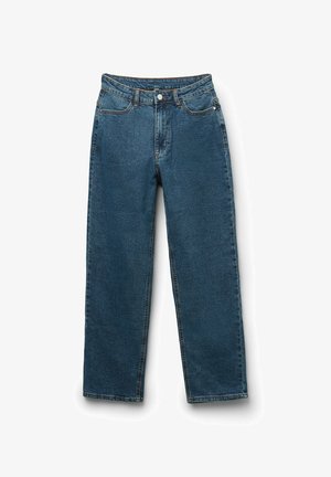 Jeans in denim blu scuro con design a gamba dritta, stile a cinque tasche, chiusura con bottone e dettagli di cucitura visibili.