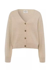 Beżowy krótki kardigan wykonany z miękkiego materiału, z dekoltem w szpic, długimi rękawami oraz pięcioma brązowymi guzikami z przodu, zakończony ściągaczami.