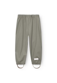 Lichtgrijze waterdichte broek met een elastische tailleband, taps toelopende pijpen en elastische lussen aan de zoom. Beschikt over een logo patch aan de zijkant.