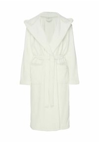 Biały szlafrok z kapturem, paskiem do wiązania i dwoma przednimi kieszeniami, wykonany z miękkiej teksturowanej tkaniny zaprojektowanej dla zapewnienia komfortu i ciepła.
