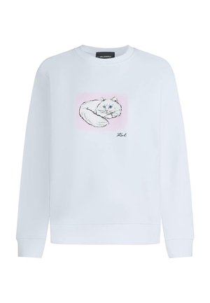 Biela mikina s dlhým rukávom s náčrtom zrolenej bielej mačky na ružovom pozadí a podpisom "Karl" pod mačkou.