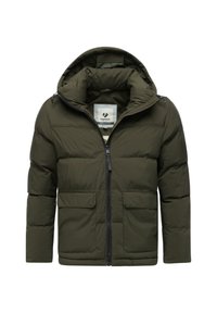 Giubbotto imbottito di colore verde scuro, con cappuccio removibile, zip frontale e due grandi tasche frontali. Tessuto liscio e design minimalista.