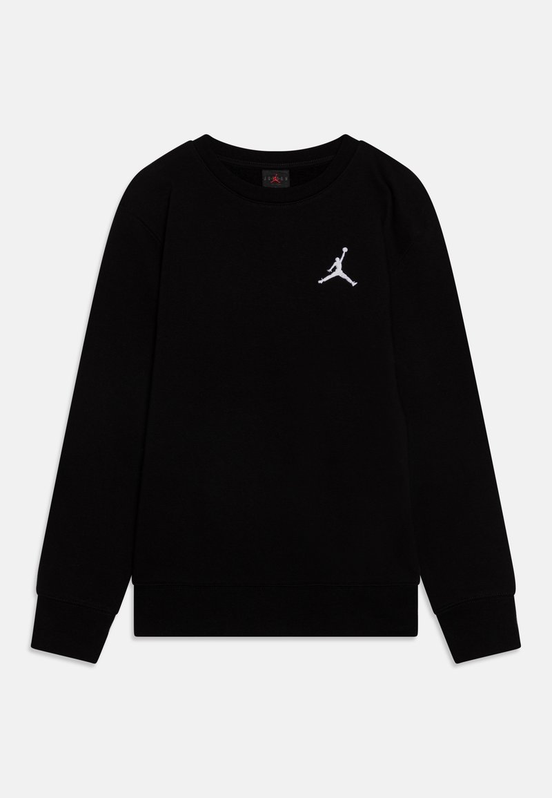 Sweat-shirt noir à manches longues et col rond avec petit logo Jumpman blanc sur le côté gauche de la poitrine, présenté à plat sur un fond blanc.