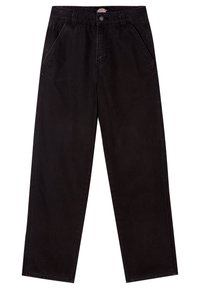 Pantalon noir à jambes droites en tissu durable, doté d'une fermeture à boutons sur le devant, de passants pour ceinture et de deux poches latérales.