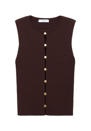 Brown ribbed sleeveless top with a rounded neckline and vertical button closure featuring six gold-tone buttons along the front.