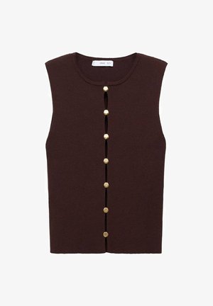 Brown ribbed sleeveless top with a rounded neckline and vertical button closure featuring six gold-tone buttons along the front.