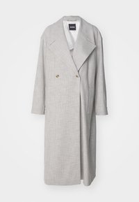 Grijs wollen dubbelbreasted jas met een geruit patroon, brede revers, lange mouwen en twee goudkleurige knopen aan de voorkant.