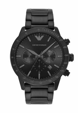Schwarze Emporio Armani Chronograph-Uhr mit Tachymeter-Lünette, drei Hilfszifferblättern, Datumsfenster und Metallgliederarmband.