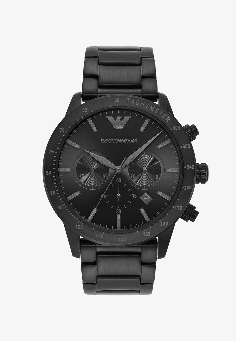 Schwarze Emporio Armani Chronograph-Uhr mit Tachymeter-Lünette, drei Hilfszifferblättern, Datumsfenster und Metallgliederarmband.