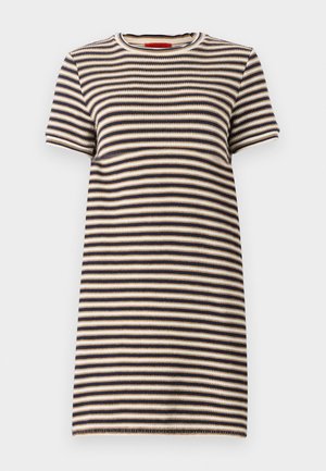 Črtasta pletena obleka z okroglim izrezom, kratkimi rokavi in prilegajočim krojem. Barve vključujejo temno modro, bež in smetanaste črte.