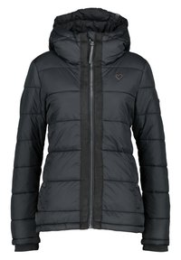 Zwarte gewatteerde winterjas met capuchon, voorrits, twee zijzakken, geribde manchetten en een klein hartembleem op de borst.