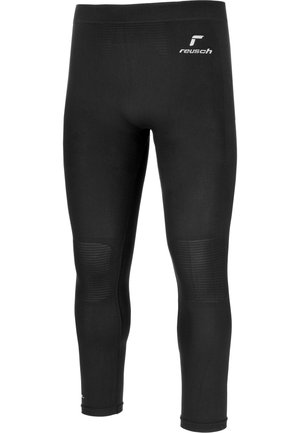 Zwarte sportleggings met een aansluitend ontwerp, voorzien van textuurpanelen op de knieën en een logo op de tailleband. Gemaakt van rekbaar, duurzaam materiaal.