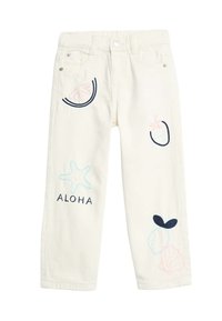 Pantalones de mezclilla color crema con diseños bordados que incluyen una estrella de mar, fruta y la palabra "ALOHA" en colores navy y pasteles.