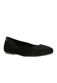 Ballerine in suede nero con punta arrotondata e tacco basso. L'interno è liscio e un piccolo logo è visibile sul tallone.