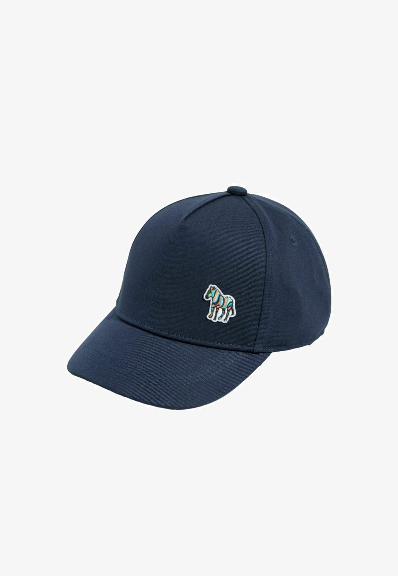 Casquette de baseball bleu marine avec une visière incurvée et un logo zèbre rayé coloré brodé sur le côté avant droit.