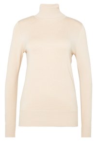 Beige polotröja gjord av mjukt stickat material. Har långa ärmar, ribbad krage och nederkant. Slät textur med en kroppsnära design.