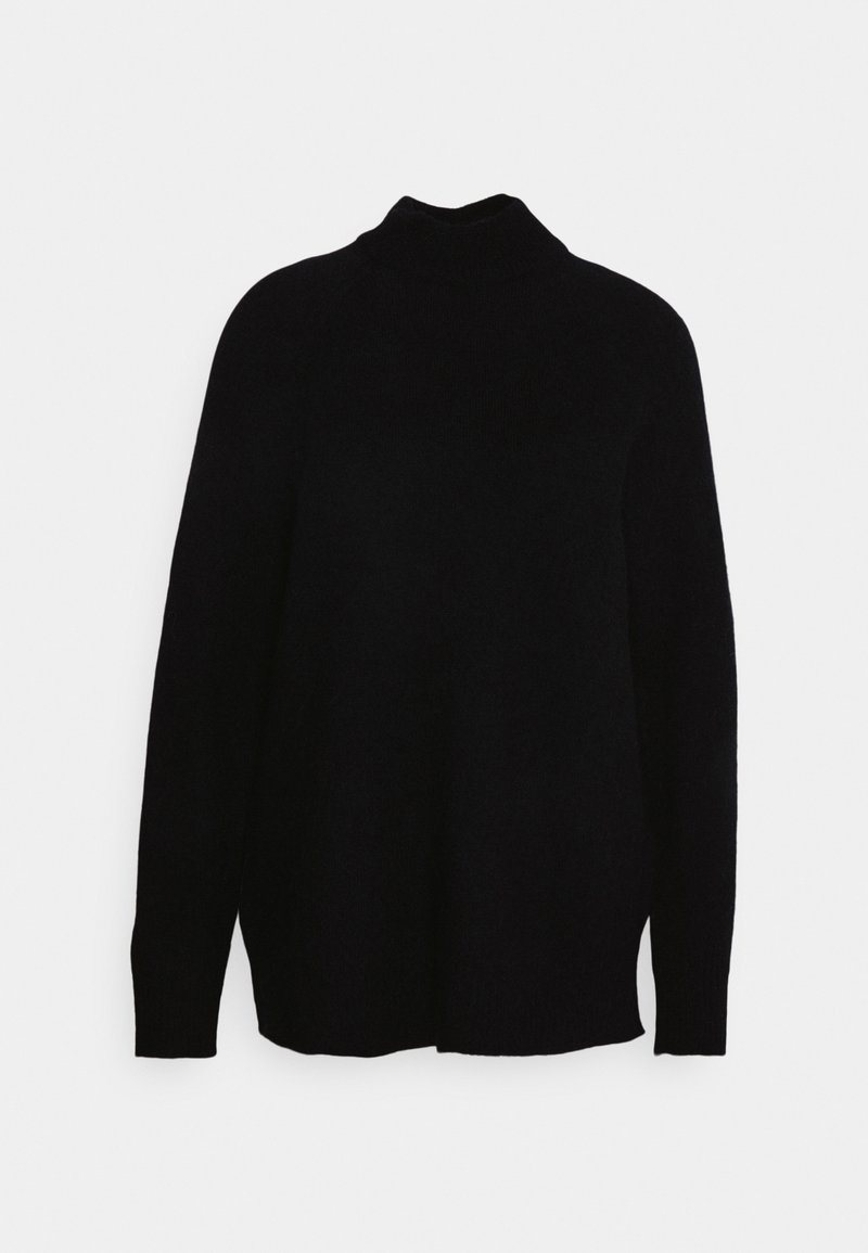 Schwarzer Strick-Turtleneck-Pullover mit langen Ärmeln, lockerer Passform, weicher Textur und minimalistischem Design. Keine sichtbaren Muster oder Beschläge.