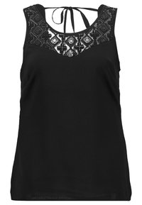 Canottiera nera con un pannello in pizzo geometrico sullo scollo e una chiusura a cravatta sul retro. Tessuto morbido e vestibilità comoda.