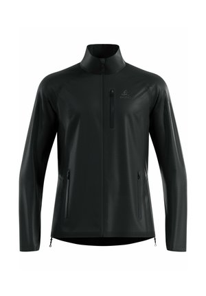 Schwarze langärmelige Zip-Jacke mit hohem Kragen und drei Reißverschlusstaschen, mit subtiler Textur und minimalistischem Logo auf der Brust.