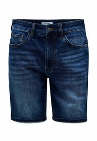 Pantalones cortos de mezclilla en lavado oscuro con un diseño clásico de cinco bolsillos, que incluye una cremallera y detalles de costura en los dobladillos.