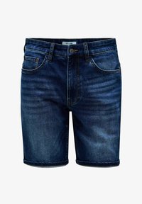 Pantalones cortos de mezclilla en lavado oscuro con un diseño clásico de cinco bolsillos, que incluye una cremallera y detalles de costura en los dobladillos.
