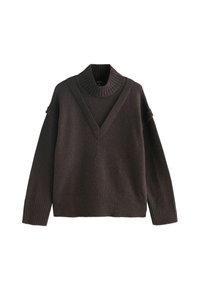 Dark brown knitted sweater with high collar, V-neck design, and ribbed cuffs and hem. Features loose fit and soft texture.