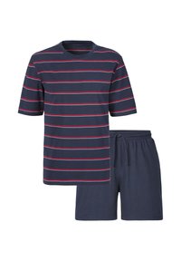 Navy blue cotton t-shirt with white and red horizontal stripes and matching navy shorts with an elastic waistband and drawstring.