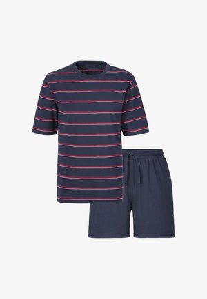 Marineblaue Baumwoll-T-Shirts mit weißen und roten horizontalen Streifen und passenden marineblauen Shorts mit einem elastischen Bund und Kordelzug.