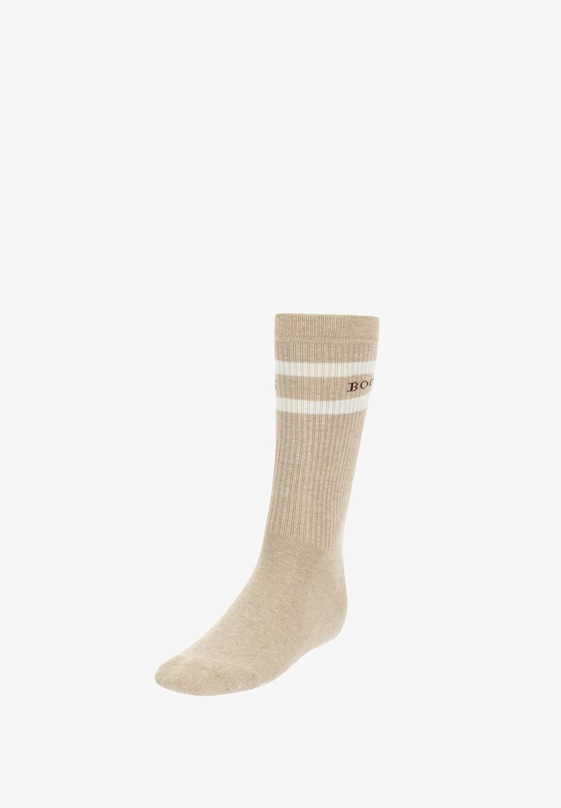 Beige bavlněná ponožka s žebrovanou texturou, která má nahoře dvě bílé proužky a na boku vyšívané vínové logo.