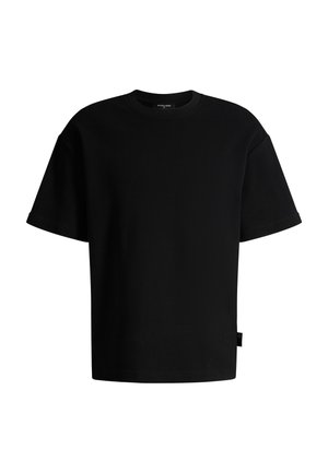 Schwarzes T-Shirt mit kurzen Ärmeln, Rundhalsausschnitt, lockerer Passform und kleinem Stoffetikett an der linken Seitennaht.
