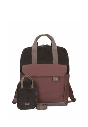 Brown and dark brown corduroy backpack with matching small pouch, dual handles, front pocket, and adjustable straps.
