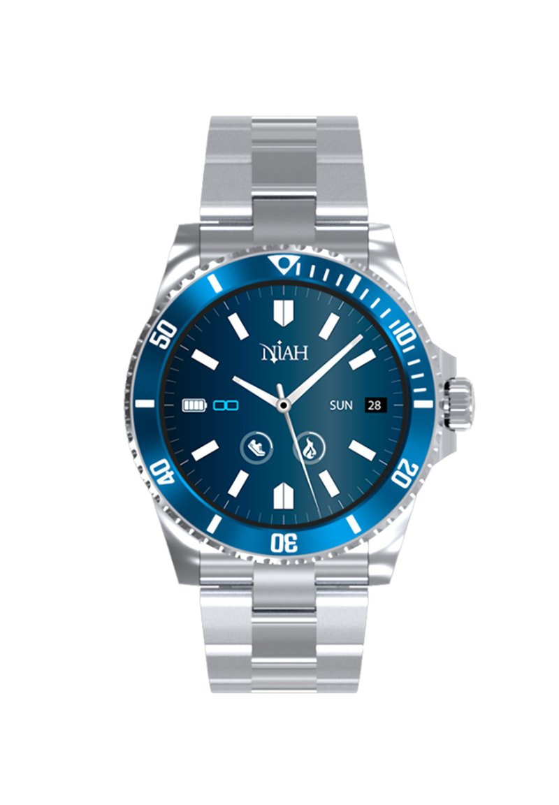 Montre en acier inoxydable argenté avec un cadran dégradé bleu, index horaires blancs, affichage de la date et un bracelet en maillons argentés. Étanche jusqu'à 50 mètres.
