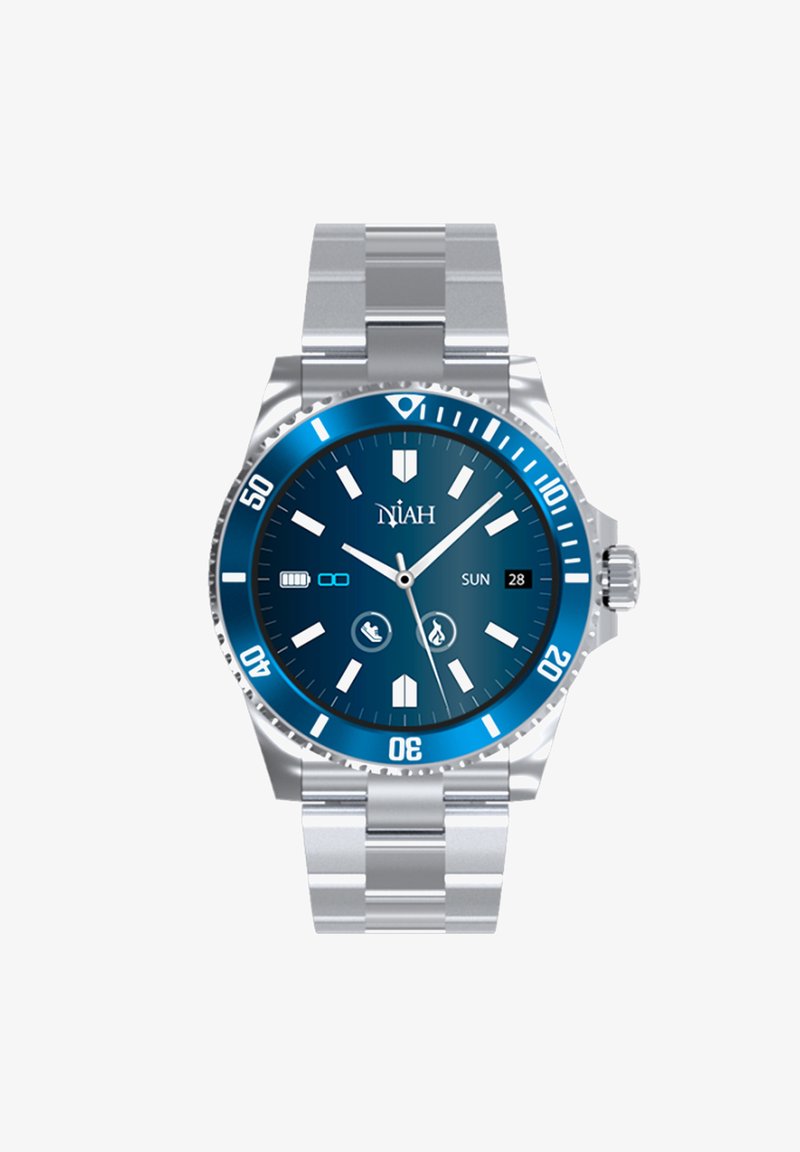 Zilveren roestvrijstalen horloge met een blauwe gradient wijzerplaat, witte uurmarkeringen, datumaanduiding en een zilveren schakelarmband. Waterdicht tot 50 meter.